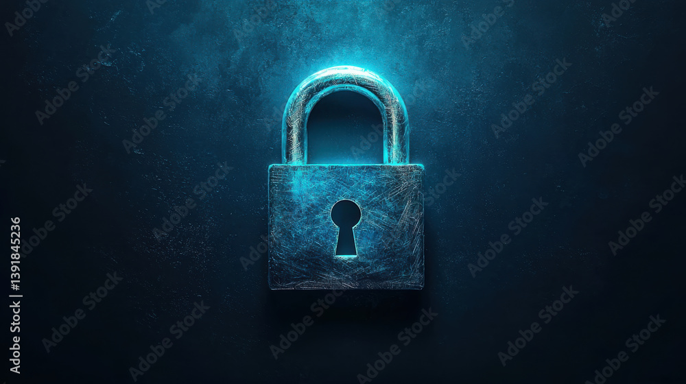 Fototapeta premium glowing metallic padlock on dark textured background symbolizes security and protection