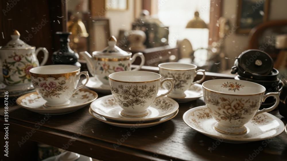 Elegant antique tea cups and saucers on display in a vintage setting. Elegant antique tea cups and saucers on display in a vintage setting.