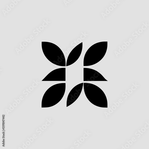 Geometric arrangement of black leaf shapes around a square