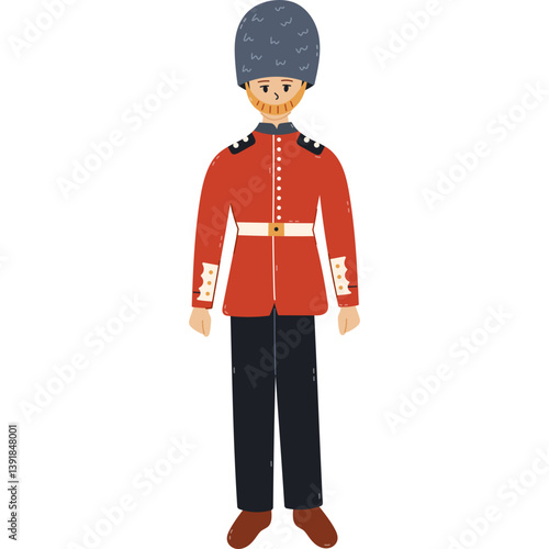 Lovely cartoon standing British guard of Queen, royal family at Buckingham Palace in traditional uniform, fur bearskin hat. Trendy hand drawn England soldier during service isolated on background.