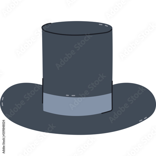 Lovely cartoon Victorian cylinder hat of English gentleman, detective, aristocrat, magician. Simple hand drawn clipart of old fashioned tall headgear with ribbon isolated on white background.