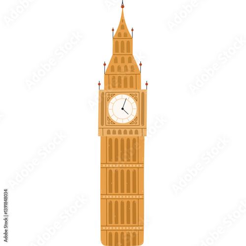 Lovely cartoon Big Ben clock tower as one of landmarks of London and United Kingdom. Trendy hand drawn symbol of capital of England. Travelling, sightseeing, learn English clipart isolated on white.
