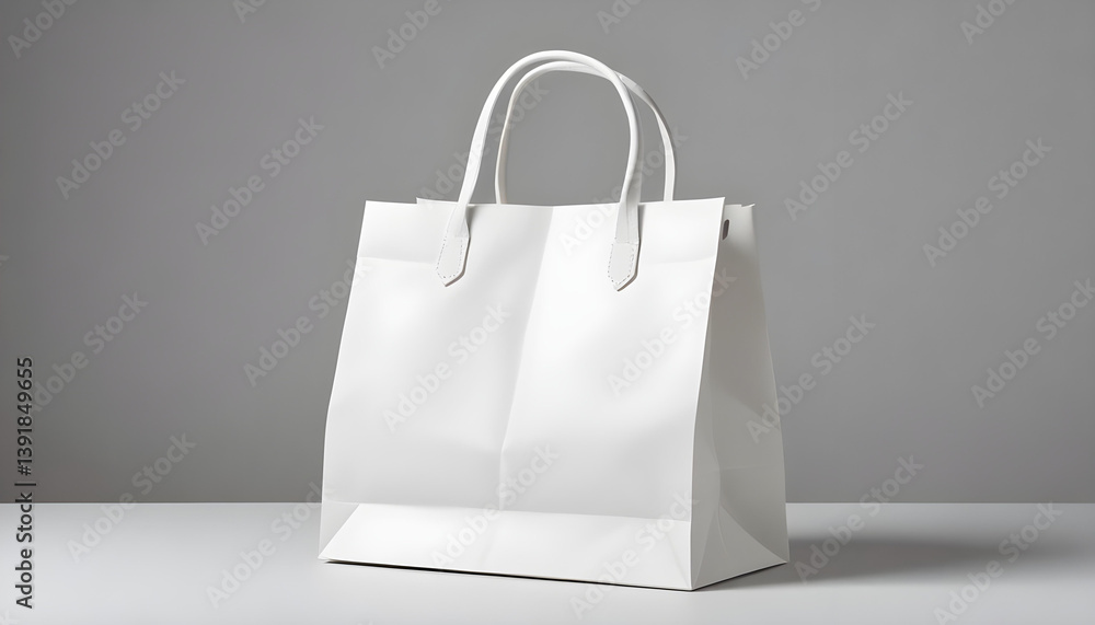 A clean, white paper shopping bag stands isolated against a minimalist gray backdrop. A clean, white paper shopping bag stands isolated against a minimalist gray backdrop.