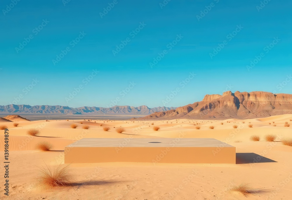 Desert vista, blue sky backdrop, minimalist product display platform, geometric, simple Desert vista, blue sky backdrop, minimalist product display platform, geometric, simple