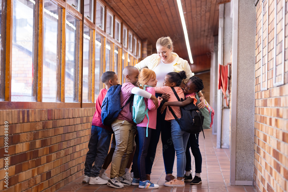 Fototapeta premium Female teacher hugging group of school diverse children with backpacks in hallway, smiling together