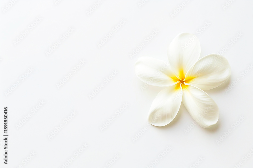 Fototapeta premium Single white plumeria flower with a yellow center on a minimalist white background.