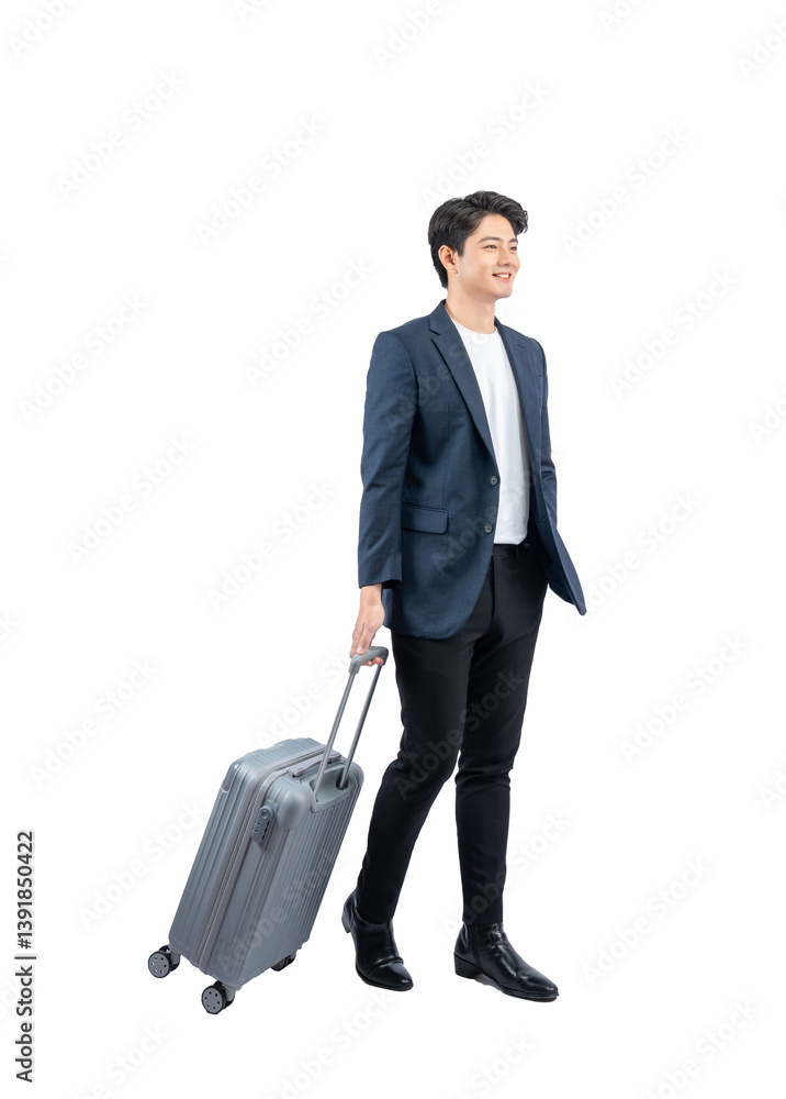 Full body image of young asian businessman pulling suitcase Full body image of young asian businessman pulling suitcase