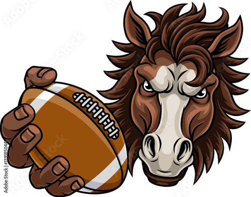 Horse mustang bronco stallion American football angry sports team mascot holding a ball.
