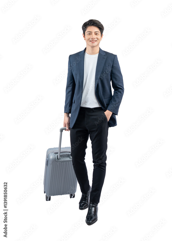 Full body image of young asian businessman pulling suitcase Full body image of young asian businessman pulling suitcase