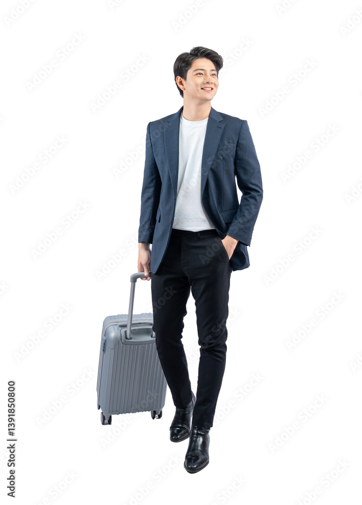 Full body image of young asian businessman pulling suitcase Full body image of young asian businessman pulling suitcase