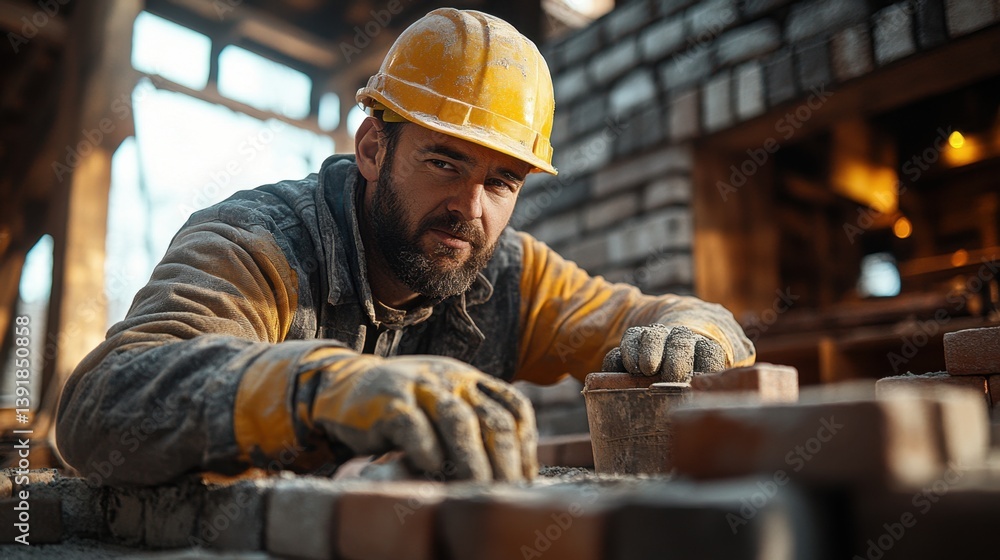Dedicated Mason Laying Bricks at Construction Site in Morning Light Dedicated Mason Laying Bricks at Construction Site in Morning Light