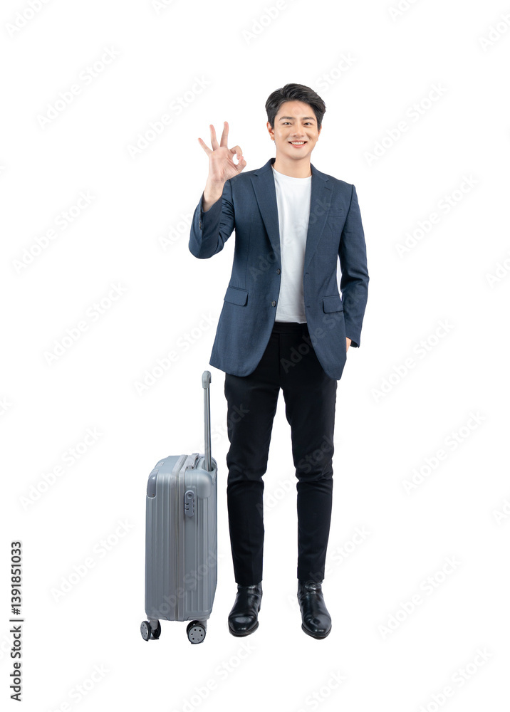 Full body image of young asian businessman pulling suitcase Full body image of young asian businessman pulling suitcase