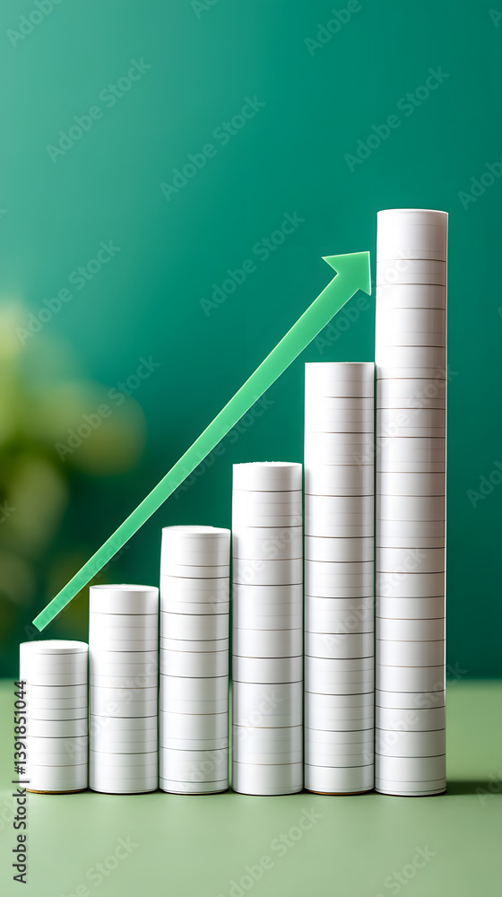 A stack of white paper tubes with a green arrow pointing upwards A stack of white paper tubes with a green arrow pointing upwards