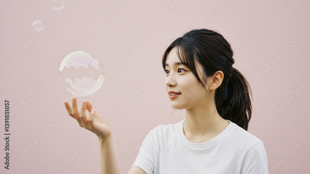 Young woman reaching for bubbles against a soft pink background. Casual and dreamy. Young woman reaching for bubbles against a soft pink background. Casual and dreamy.