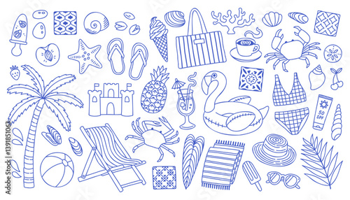Mediterranean blue summer set. Hand drawn vintage doodle drawing. Summer vacation collection. Dolce vita drawings for cards, stickers, summer sale banner.