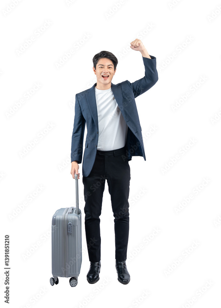 Full body image of young asian businessman pulling suitcase Full body image of young asian businessman pulling suitcase