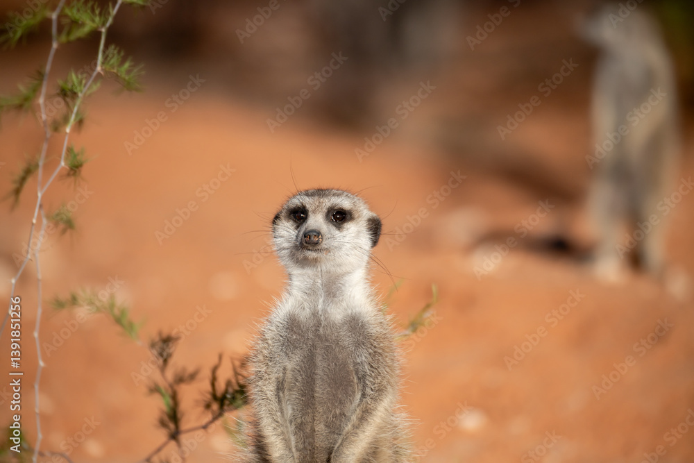 Fototapeta premium A meerkat stands tall on its hind legs, scanning the vast Kalahari with watchful eyes. Its tiny silhouette against the endless desert tells a story of survivalAnimal of africa
