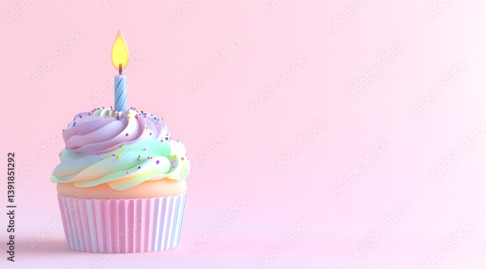Cupcake with rainbow frosting and a lit candle against a pink background. Cupcake with rainbow frosting and a lit candle against a pink background.
