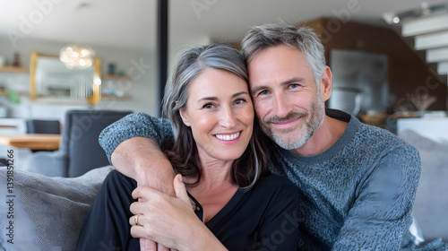 A couple is smiling and hugging each other on a couch