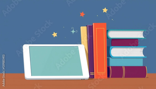 E-learning concept with digital tablet and books in flat style