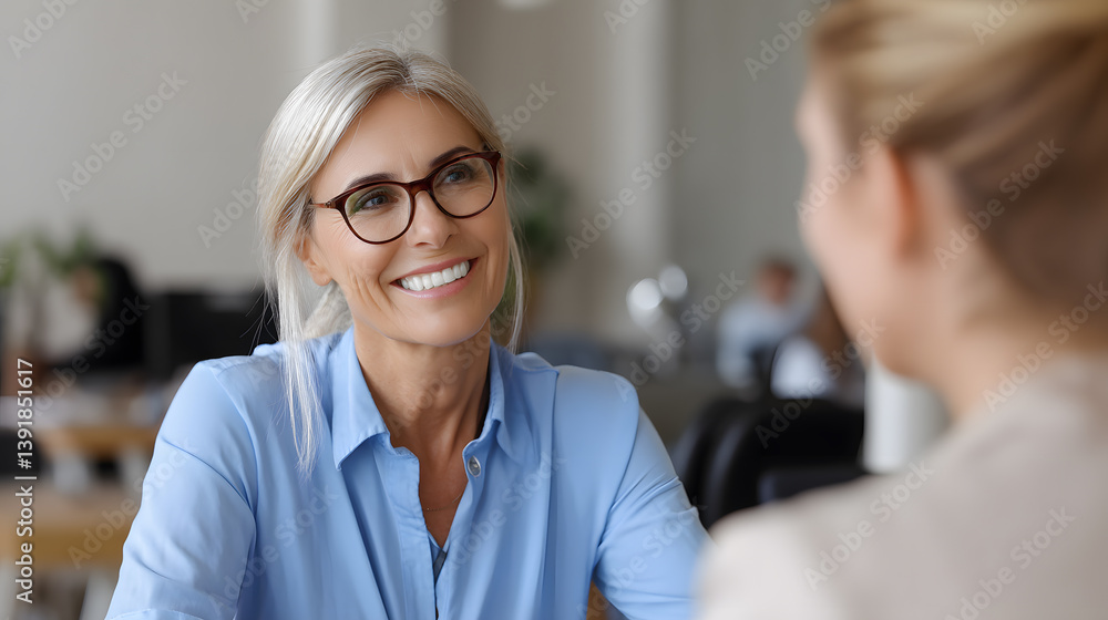 A woman wearing glasses is smiling at another woman A woman wearing glasses is smiling at another woman