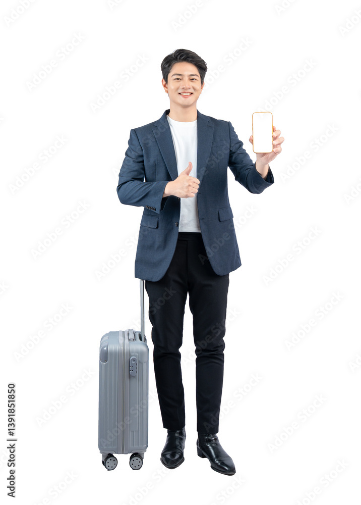 Full body image of young asian businessman pulling suitcase and using phone Full body image of young asian businessman pulling suitcase and using phone