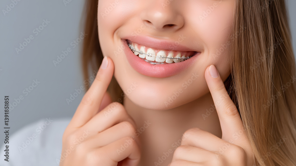 A woman with braces is smiling and showing her teeth A woman with braces is smiling and showing her teeth