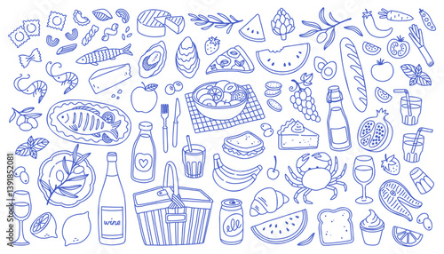 Mediterranean blue summer set. Hand drawn vintage doodle drawing. Family dinner, picnic, breakfast with wine, pasta and snacks. Dolce vita table setting drawings for cafe or restaurant menus design.