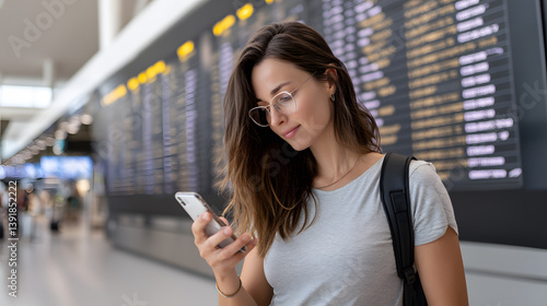 A woman is looking at her phone in a busy airport