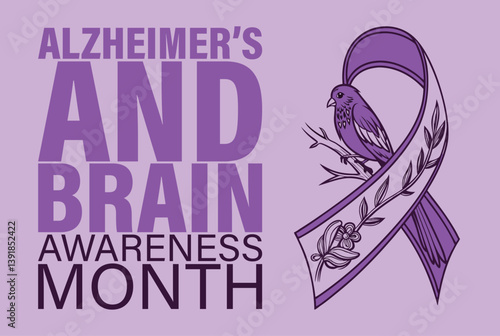 Alzheimer's disease awareness month . Vector banner with bird and ribbon.