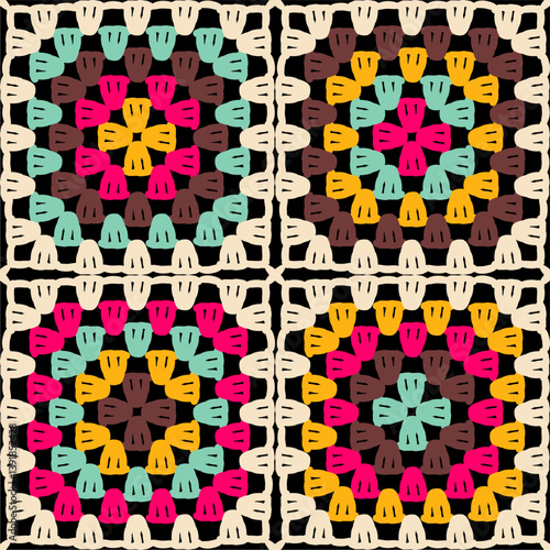 Pattern with crochet granny square wallpaper handmade decorative art design print	
