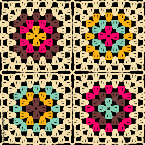 Pattern with crochet granny square wallpaper handmade decorative art design print	
