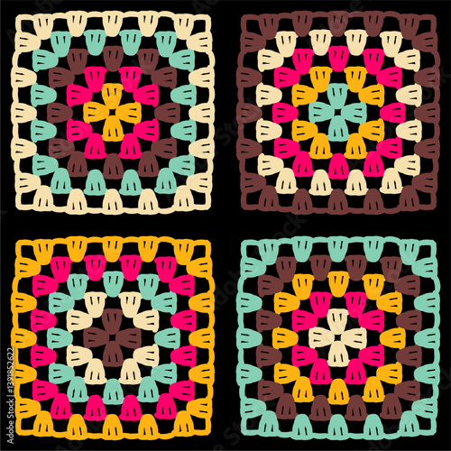 Pattern with crochet granny square wallpaper handmade decorative art design print	
