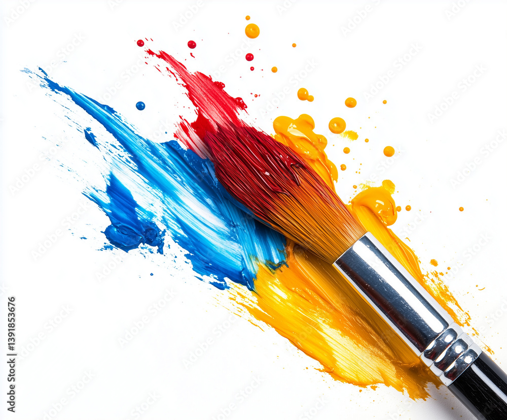 Obraz premium vibrant splash of multi colored paint with paintbrush, showcasing red, blue, and yellow hues, evokes creativity and artistic expression