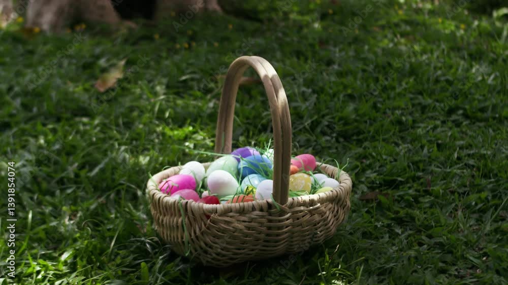 Basket with painted easter eggs, easter egg hunt game theme. Colored eggs in green grass to grab and collect, leisure game on holidays. The religious celebration of Easter. Basket with painted easter eggs, easter egg hunt game theme. Colored eggs in green grass to grab and collect, leisure game on holidays. The religious celebration of Easter.