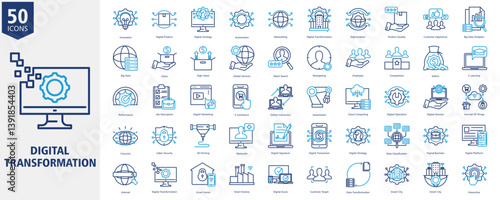 Digital Transformation Icon Set Outline duo tone Style with Innovation, Digital Product, Digital Strategy, Automation, Networking, Digital Transformation, Digitalization, Product Quality