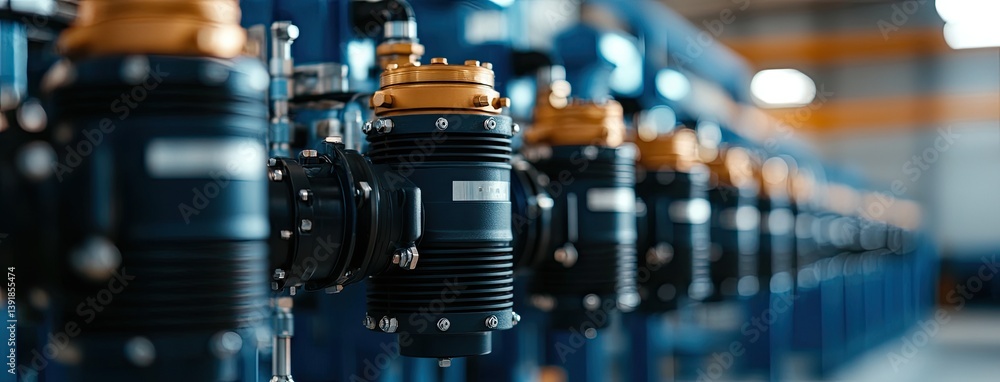 High-pressure air motors are neatly arranged on a blue shelf, perfect for commercial use and photography applications High-pressure air motors are neatly arranged on a blue shelf, perfect for commercial use and photography applications