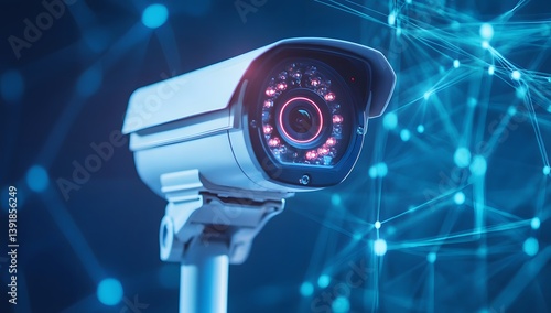 Security camera on pole with blue network background.
