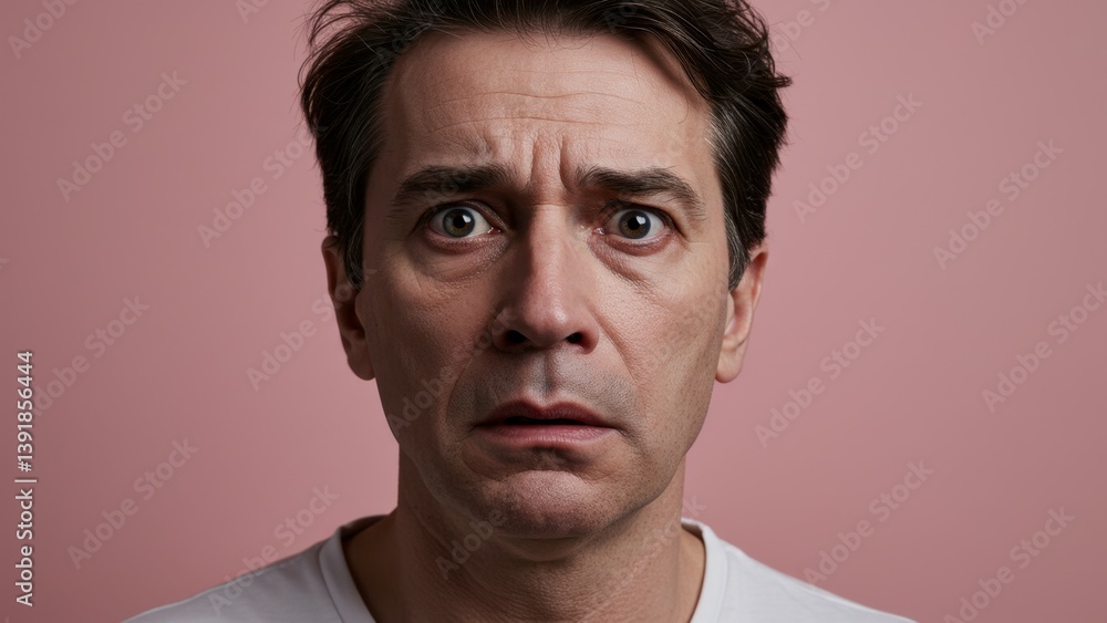 Fototapeta premium Worried man with wide eyes expressing fear against a pink background.