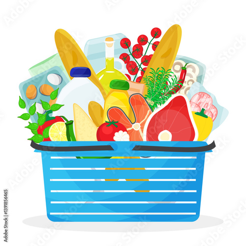 Vector illustration of blue shopping basket full of food and drink grocery products, including dairy, meat and fish, bread and vegetables. Home cooking and living cost concept.