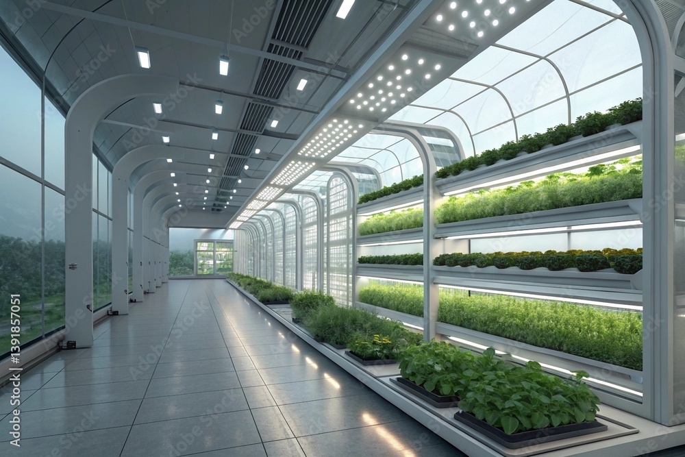 Obraz premium Futuristic indoor greenhouse with AI climate control and hydroponic systems, glowing tech ambiance.