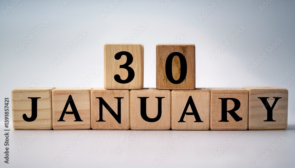 Fototapeta premium Minimalist photo of a wooden blocks with date 30 January. Day and month, calendar on white background