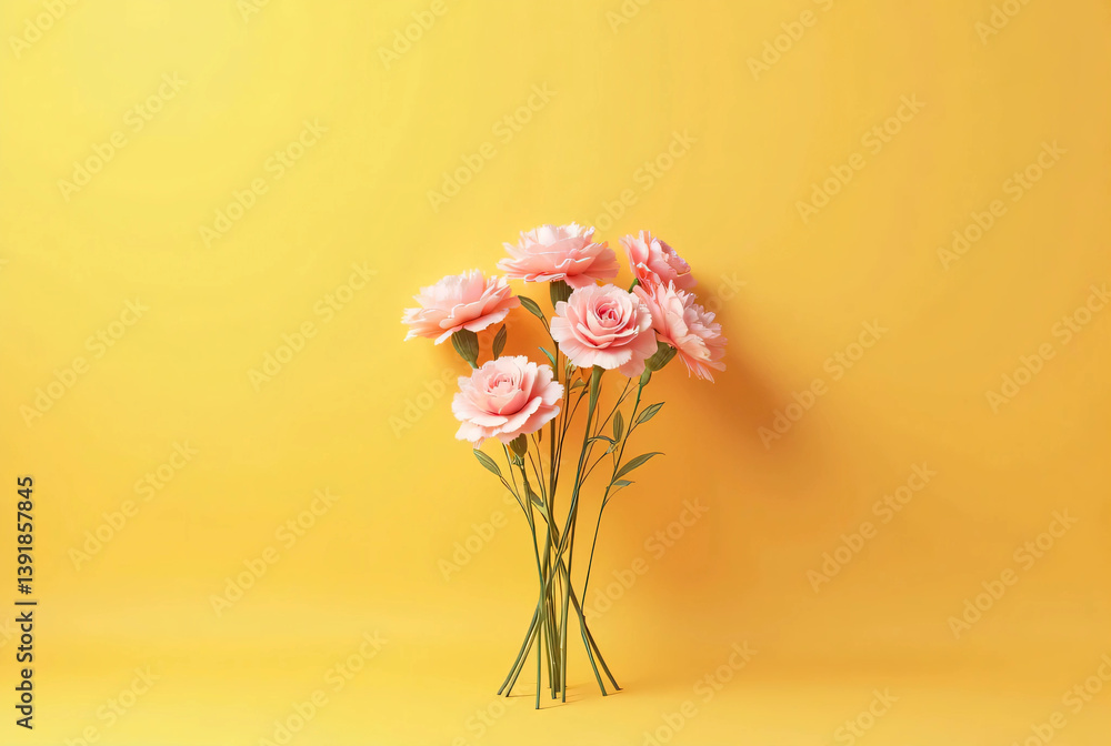 Obraz premium A bouquet of carnations on a yellow background. Mother's day image. Expressing gratitude.