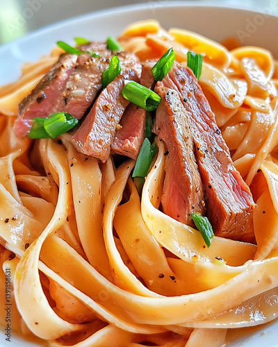 Beef slices over fettuccine pasta in creamy sauce
