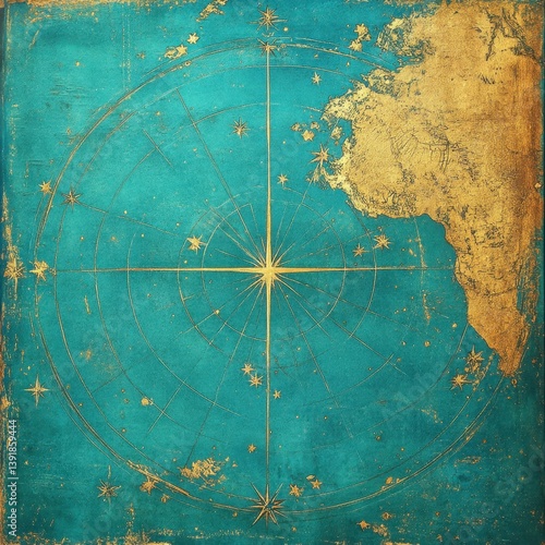 Vintage Teal and Gold World Map with Celestial Details