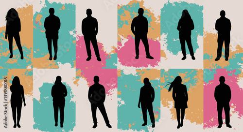 Vector silhouettes man and women, illustration. Silhouettes of people posing in casual clothes. Multilayer SVG file without gaps between paths.
