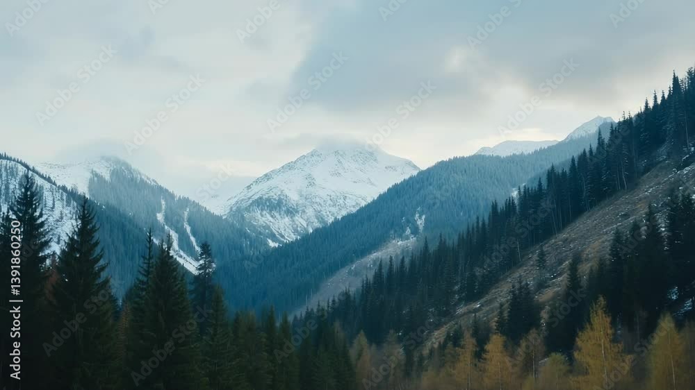 Majestic mountains rise above evergreen forests in a serene landscape during early morning hours Majestic mountains rise above evergreen forests in a serene landscape during early morning hours