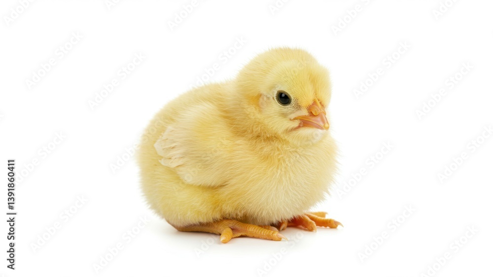 A small, fluffy yellow chick sits isolated on a clean, white background. A small, fluffy yellow chick sits isolated on a clean, white background.