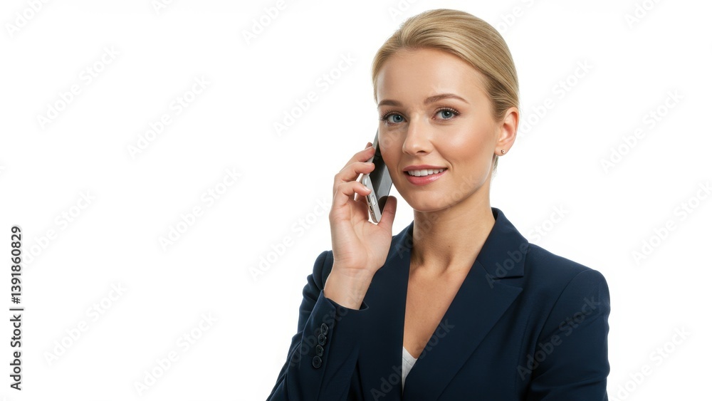 Blonde businesswoman in dark blue suit speaks on the phone, isolated. Blonde businesswoman in dark blue suit speaks on the phone, isolated.
