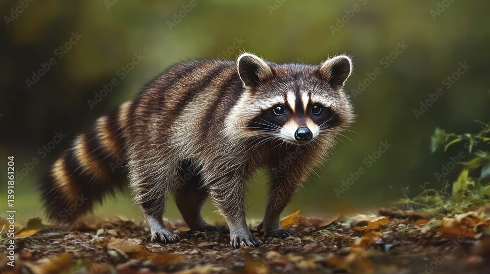 Raccoon in forest, alert, autumn leaves Raccoon in forest, alert, autumn leaves